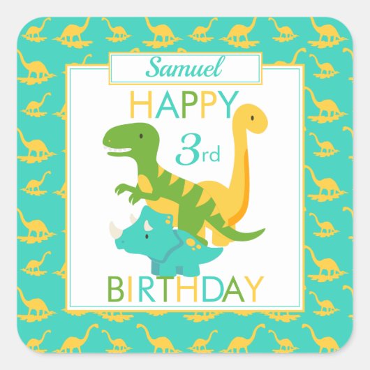 Sticker Carré Enfants Dinosaur 3e anniversaire bleu (Devant)