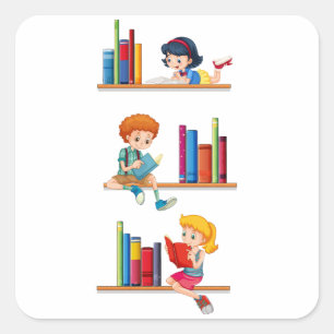 Sticker Carré Enfants lisant des livres sur une étagère