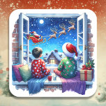 Sticker Carré Enfants regardant Père Noël Sleigh Christmas Eve<br><div class="desc">Des autocollants de Noël avec une illustration du Père Noël volant à travers le ciel avec son renne et traîneau la veille de Noël pendant que les enfants regardent à travers la fenêtre de leur chambre.</div>