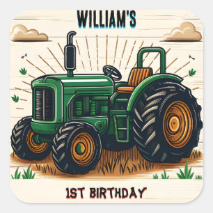 Sticker Carré Enfants retro garçon tracteur cool premier 1er ann