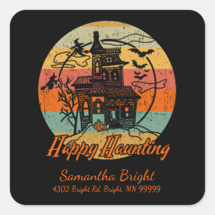 Sticker Carré Enfants Retro Halloween Happy Haunting Haunting Ma