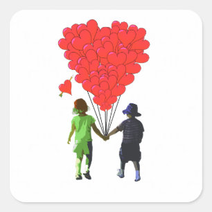 Sticker Carré Enfants tenant la main et ballons en forme de coeu
