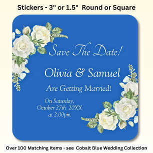 Sticker Carré Enregistrer La Date - Mariage Cobalt Blue & White 