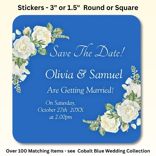 Sticker Carré Enregistrer La Date - Mariage Cobalt Blue & White 