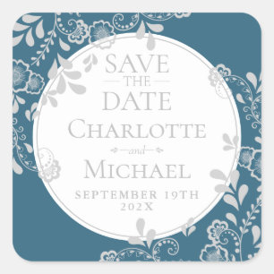 Sticker Carré Enregistrer la date Silver Blue Victorian Floral L
