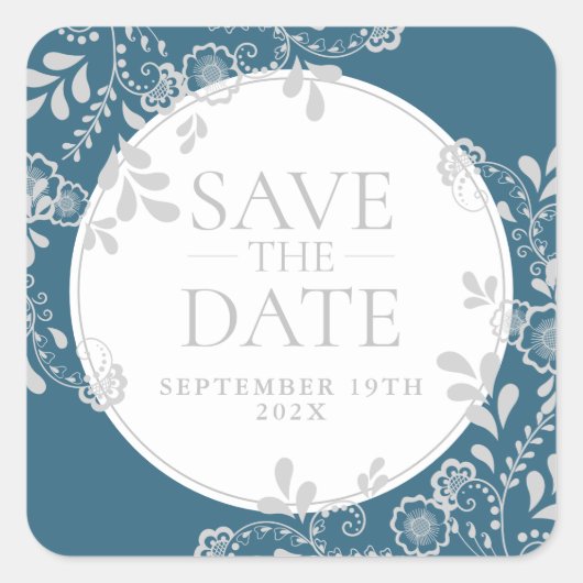 Sticker Carré Enregistrer la date Silver Blue Victorian Floral L (Devant)