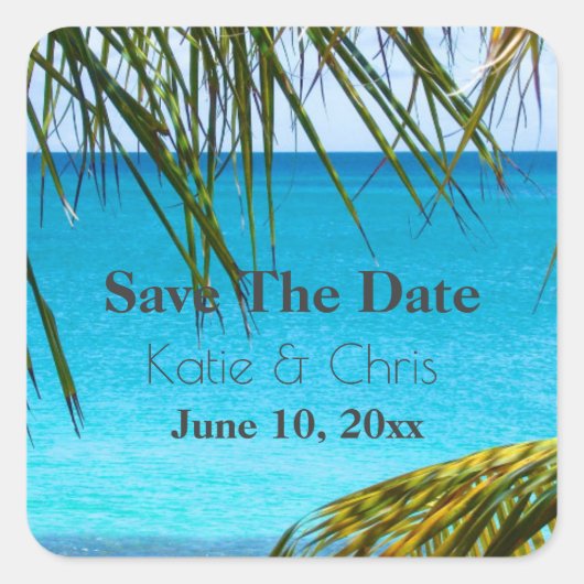 Sticker Carré Enregistrer la date Tropical Azure Beach and Palm (Devant)