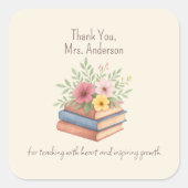 Sticker Carré Enseignant Merci - Aquarelle Livres & Fleurs - (Devant)