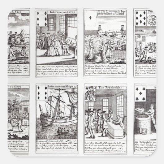 Sticker Carré Ensemble de cartes de jeu représentant la satire (Devant)