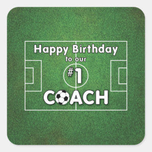 Sticker Carré Entraîneur de football Anniversaire avec terrain d