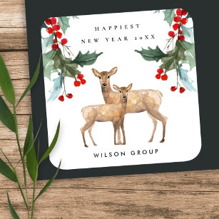 STICKER CARRÉ ENTREPRISE RED GREEN HOLLY BERRY DEER DUO NOUVEL A