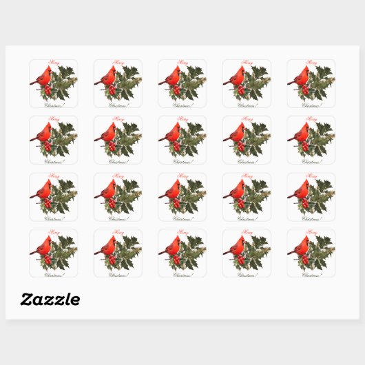 Sticker Carré Enveloppe de cardinal sur houx timbres/étiquettes/ (Feuille)