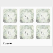 Sticker Carré Enveloppe de mariage à monogramme initial en vert  (Feuille)