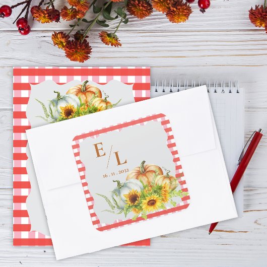 Sticker Carré Enveloppe de mariage rustique automnal avec monogr
