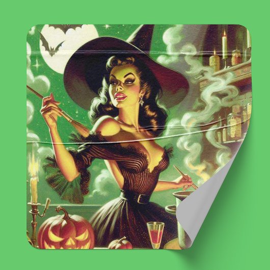 Sticker Carré Épingle vintage de sorcière d'Halloween