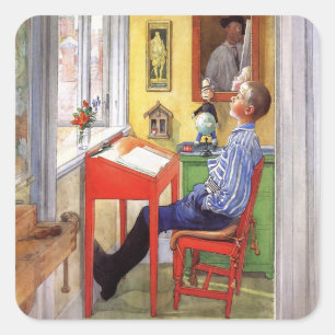 Sticker Carré Esbjorn faisant ses devoirs par Carl Larsson