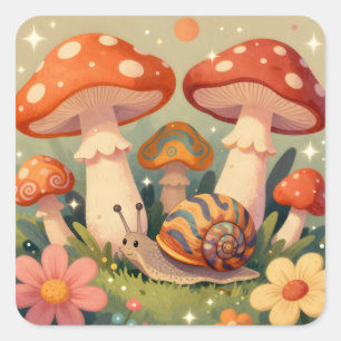 Sticker Carré Escargot et champignons Cottage Core
