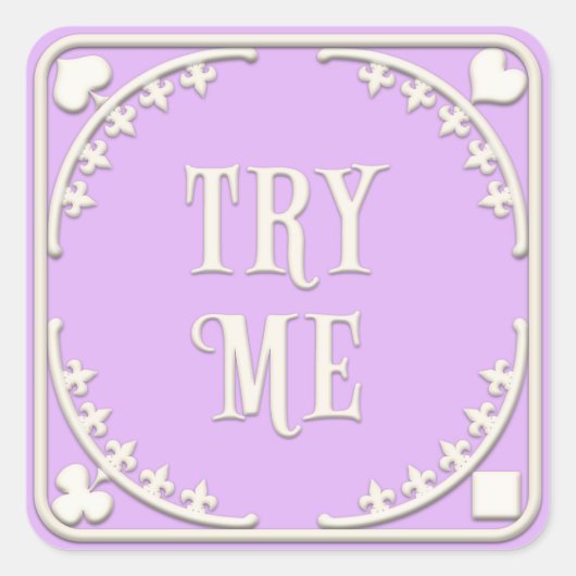 Sticker Carré "Essayez-moi" Wonderland Tea Party Élégant violet (Devant)