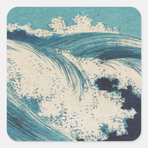 Sticker Carré Estampe antique japonaise sur bois Vagues bleues d