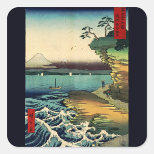 Sticker Carré Estampe japonaise vintage Ukiyo-e Mt. Fuji 房州保田ノ海岸