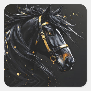 Sticker Carré Étalon noir sur fond noir avec des touches d'or et