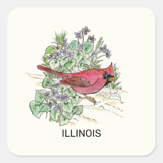 Sticker Carré État de l'Illinois Oiseau et fleur (Devant)