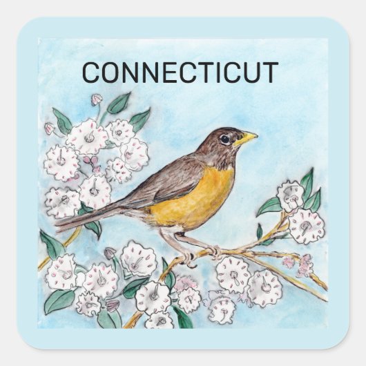 Sticker Carré État du Connecticut Oiseau et fleur (Devant)