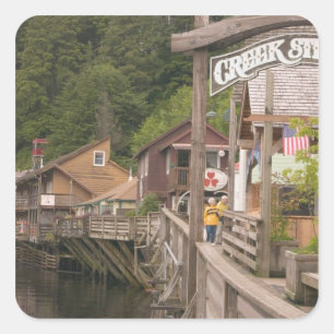 Sticker Carré États-Unis, Alaska, Ketchikan, Creek Street, centr