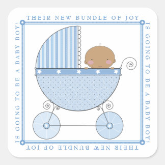 Sticker Carré Ethnic Sweet Baby Boy in Carriage Baby shower bleu