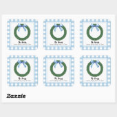 Sticker Carré Étiquette-cadeau Aquarelle bleue Plaid Bow Wreath (Feuille)
