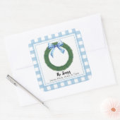 Sticker Carré Étiquette-cadeau Aquarelle bleue Plaid Bow Wreath (Enveloppe)