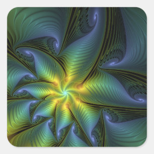 Sticker Carré Etoile Abstraite, Bleu brillant Vert Or Fractal Ar