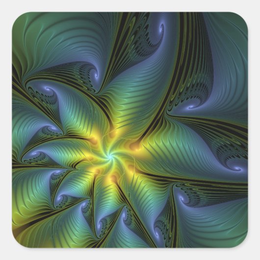 Sticker Carré Etoile Abstraite, Bleu brillant Vert Or Fractal Ar (Devant)