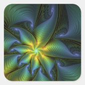 Sticker Carré Etoile Abstraite, Bleu brillant Vert Or Fractal Ar (Devant)