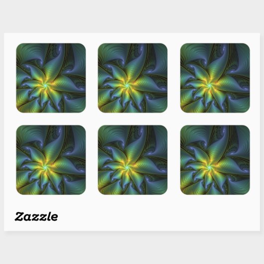 Sticker Carré Etoile Abstraite, Bleu brillant Vert Or Fractal Ar (Feuille)