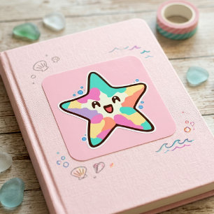 Sticker Carré Étoile de mer bébé kawaii souriante avec des bulle