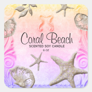 Sticker Carré Étoile de mer de plage Bougie Hippocampe Pastel