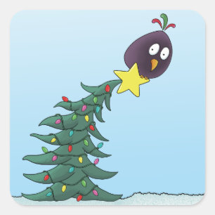 Sticker Carré Étoile de Noël arbre oiseau de dessin animé