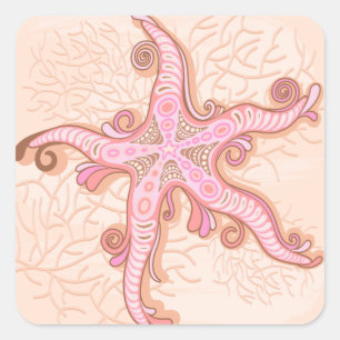 Sticker Carré Étoiles de mer et motif pastel rose corail