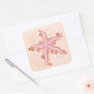 Sticker Carré Étoiles de mer et motif pastel rose corail