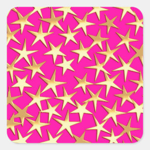 Sticker Carré Étoiles dorées sur fond rose fuchsia
