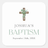 Sticker Carré Eucalyptus Croix moderne Baptême Faveurs (Devant)