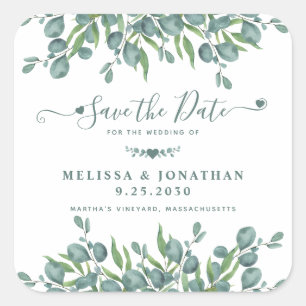 Sticker Carré Eucalyptus Green Sage Wedding Enregistrer La Date