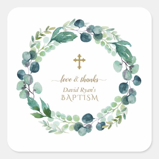 Sticker Carré Eucalyptus verdure Wreath Gold Cross Baptême (Devant)