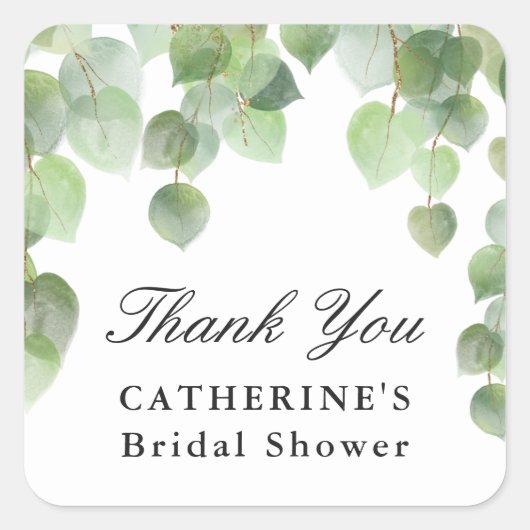 Sticker Carré Éucalyptus vert feuillage, Merci, Favoriser (Devant)