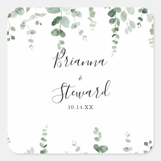 Sticker Carré Eucalyptus Vert Mariage Enveloppe Phoques (Devant)