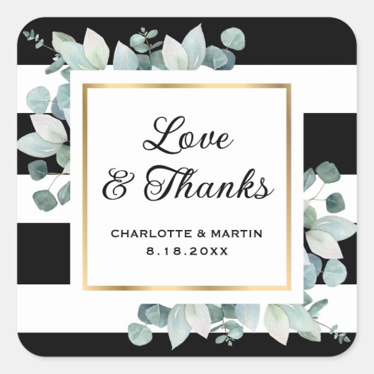 Sticker Carré Eucalyptus vert noir blanc Mariage or (Devant)