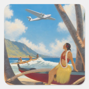 Sticker Carré Évasion Aloha de fille de hula hawaïenne vintage p