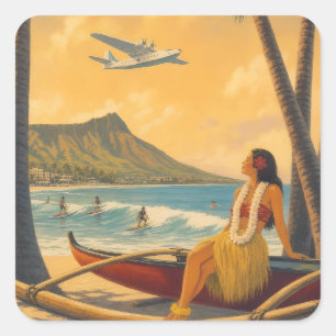 Sticker Carré Évasion Aloha de la fille hula hawaïenne vintage p
