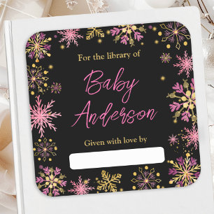 Sticker Carré Ex-libris Baby Shower Flocons de Neige Or et Rose